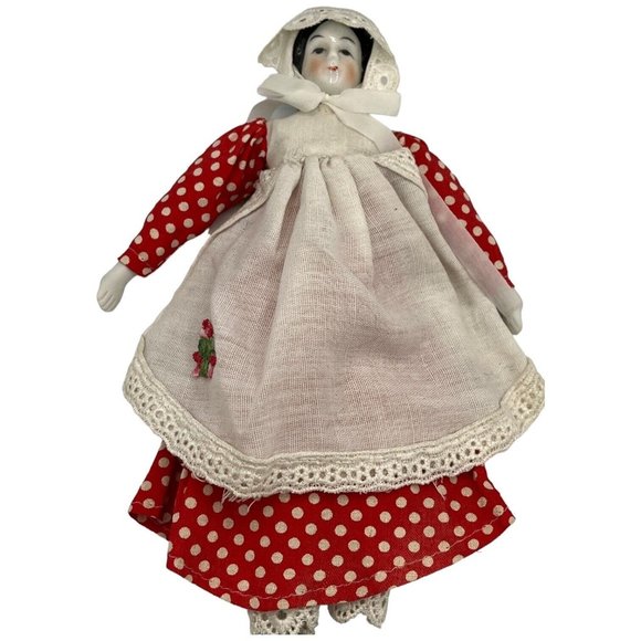 Unbranded Other - Porcelain Victorian Girl Doll Embroidered Red White Polka Dotted Dress Bonnet